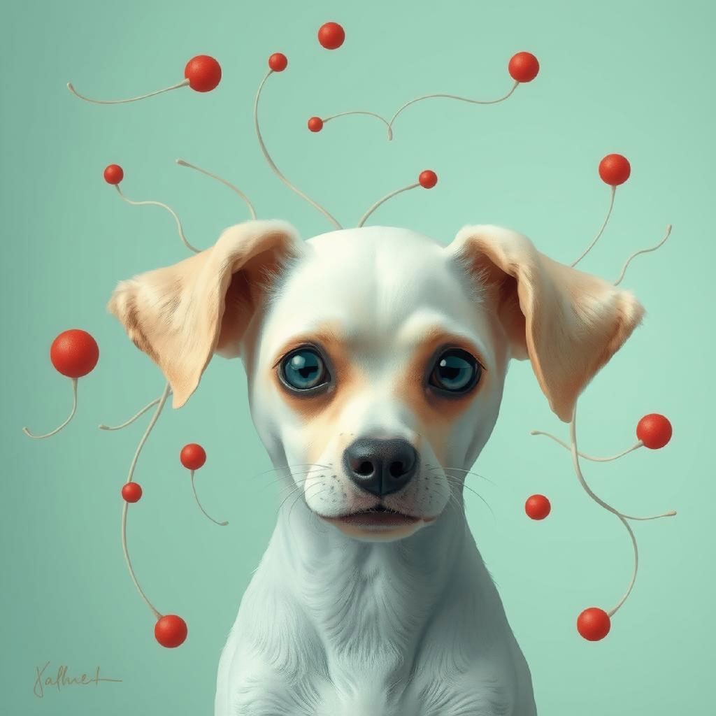 A white dog with blue eyes and tan ears surrounded by red orbs on thin stems against a teal background.