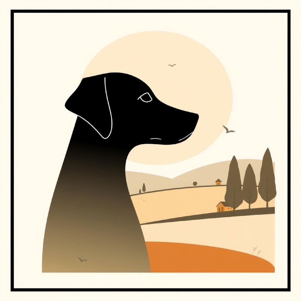 A minimalist digital art piece featuring a lone animal standing on a hill near a bare tree, with rolling hills and a large sun in the sky.