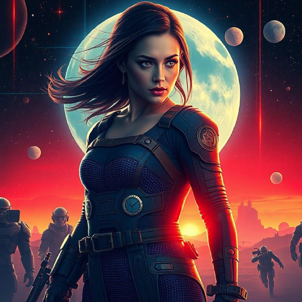 Futuristic female space warrior with a determined expression