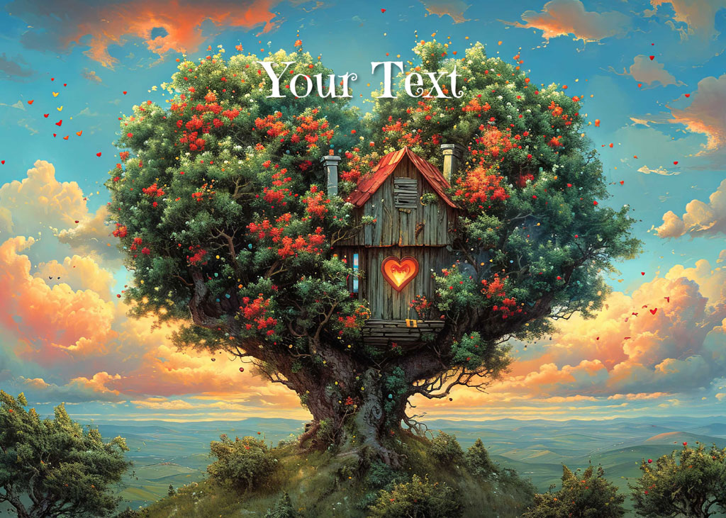 A treehouse with a heart-shaped window in a tree with red flowers, under a blue sky with orange clouds.
