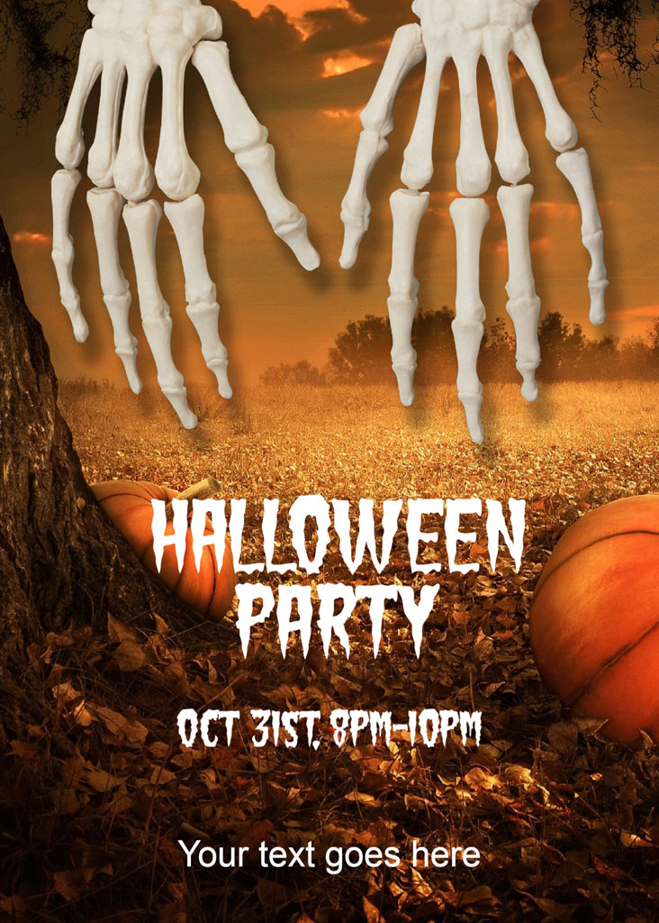 Halloween party invitation with skeleton hands and pumpkins