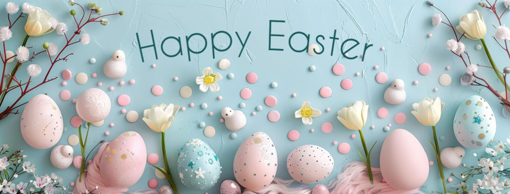 Easter eggs and flowers on a blue background with Happy Easter text