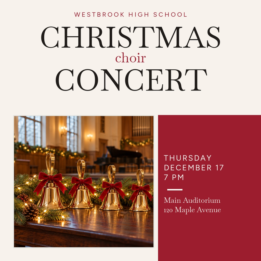 Square Christmas concert poster with bells, red accents, and event details.