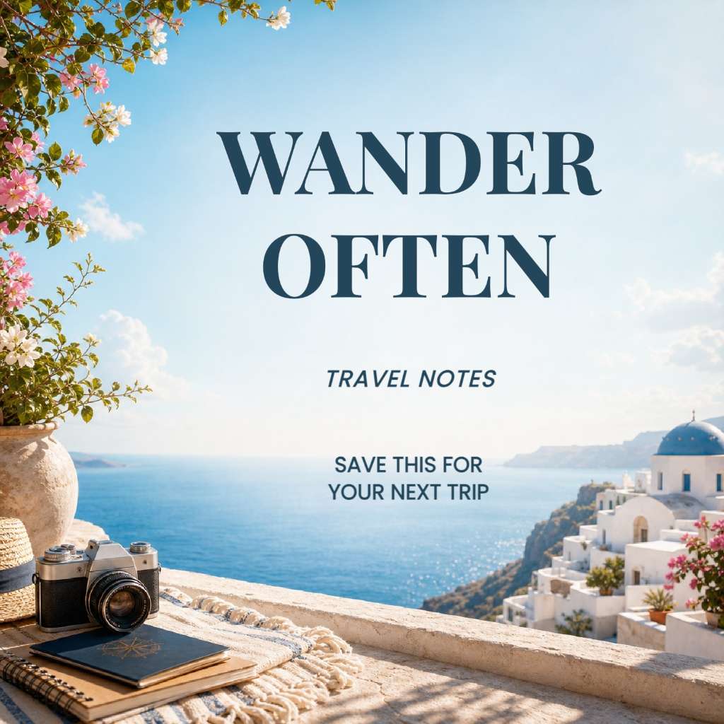 Travel quote template with ocean view, camera, notebook, and the words Wander Often.