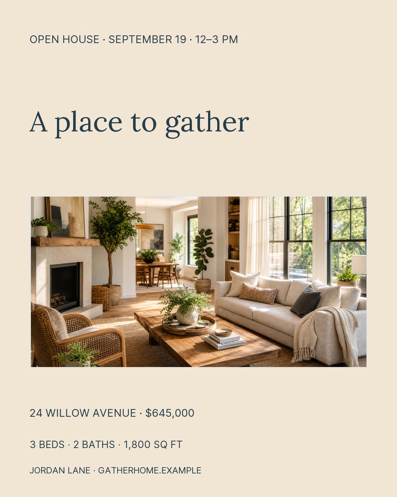 Portrait open house flyer with living room photo, property details, and agent contact information.