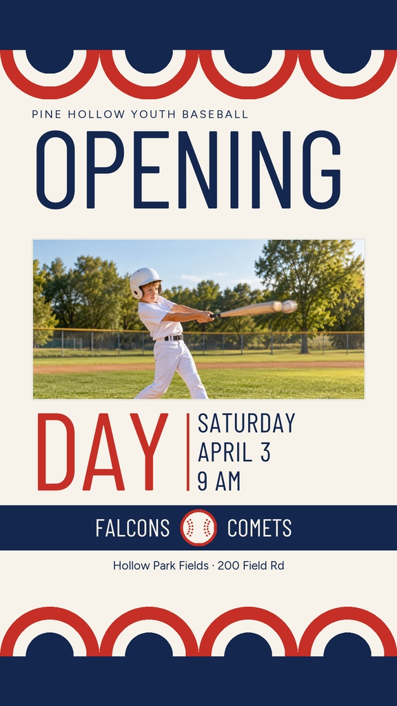 Portrait Instagram story template with a young baseball player, opening day text, and red white blue accents.