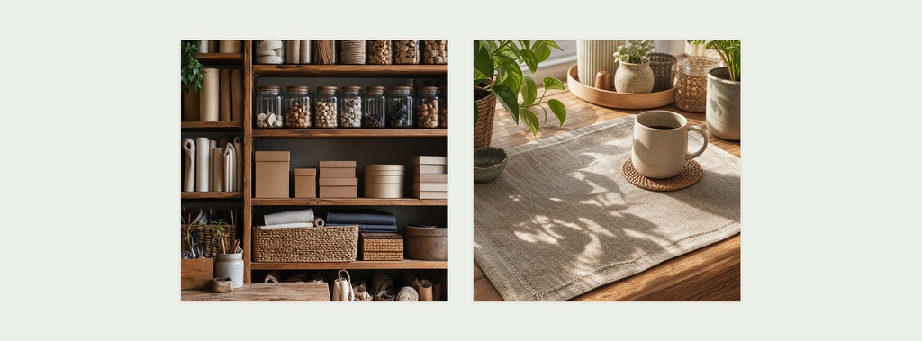Two-panel design showing studio shelves with decor and a sunlit ceramics table setup
