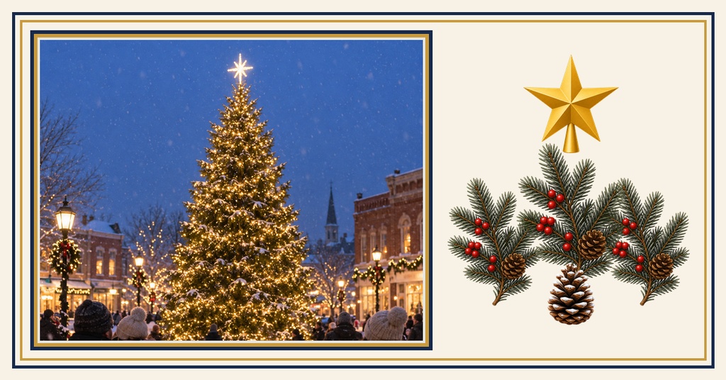Holiday tree lit with lights beside pine branches, gold star, and pinecones on a cream background.