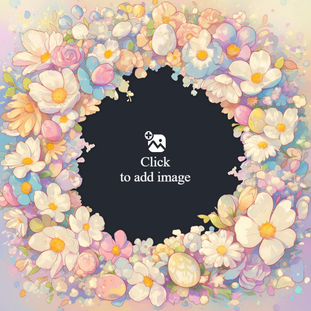 A floral frame with pastel flowers and eggs surrounding a black center