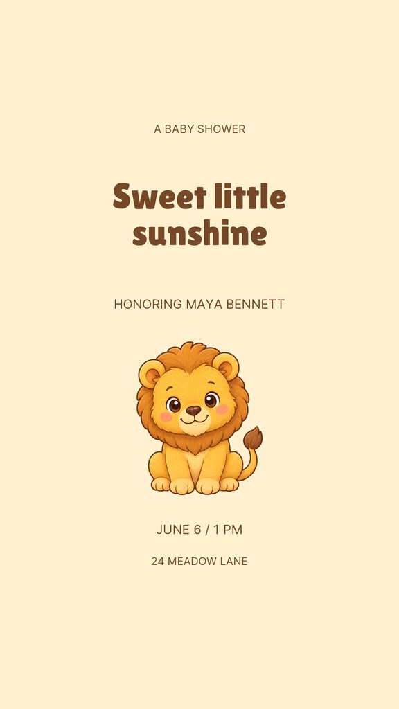 Portrait baby shower story template with a cartoon lion and sweet little sunshine text on a beige background.