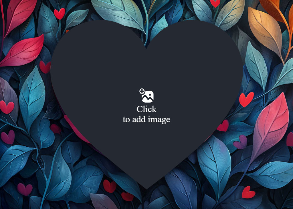 A black heart shape on a background of multicolored leaves and small red hearts.