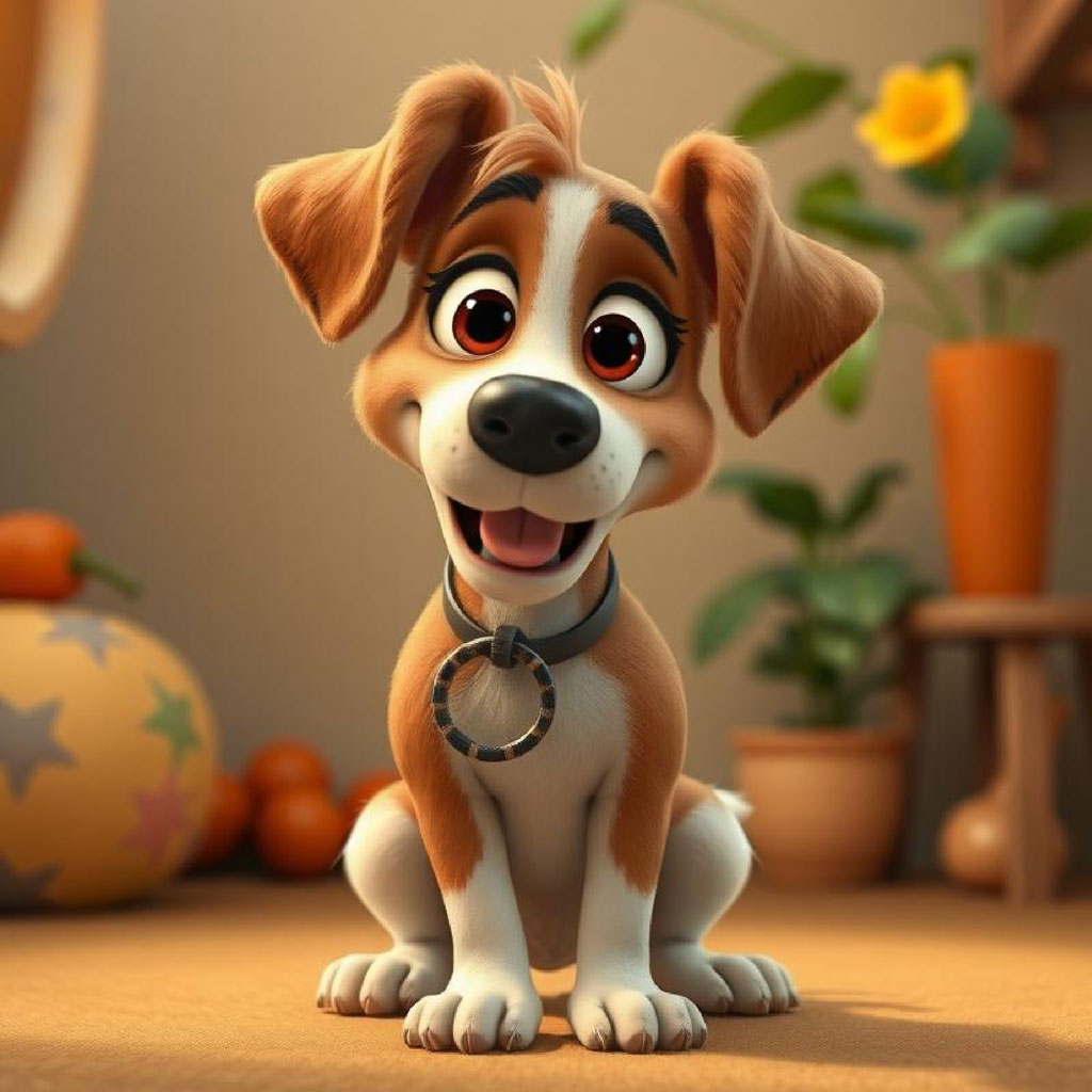 A cartoon dog with brown and white fur, big eyes, and a happy expression sits on the floor.