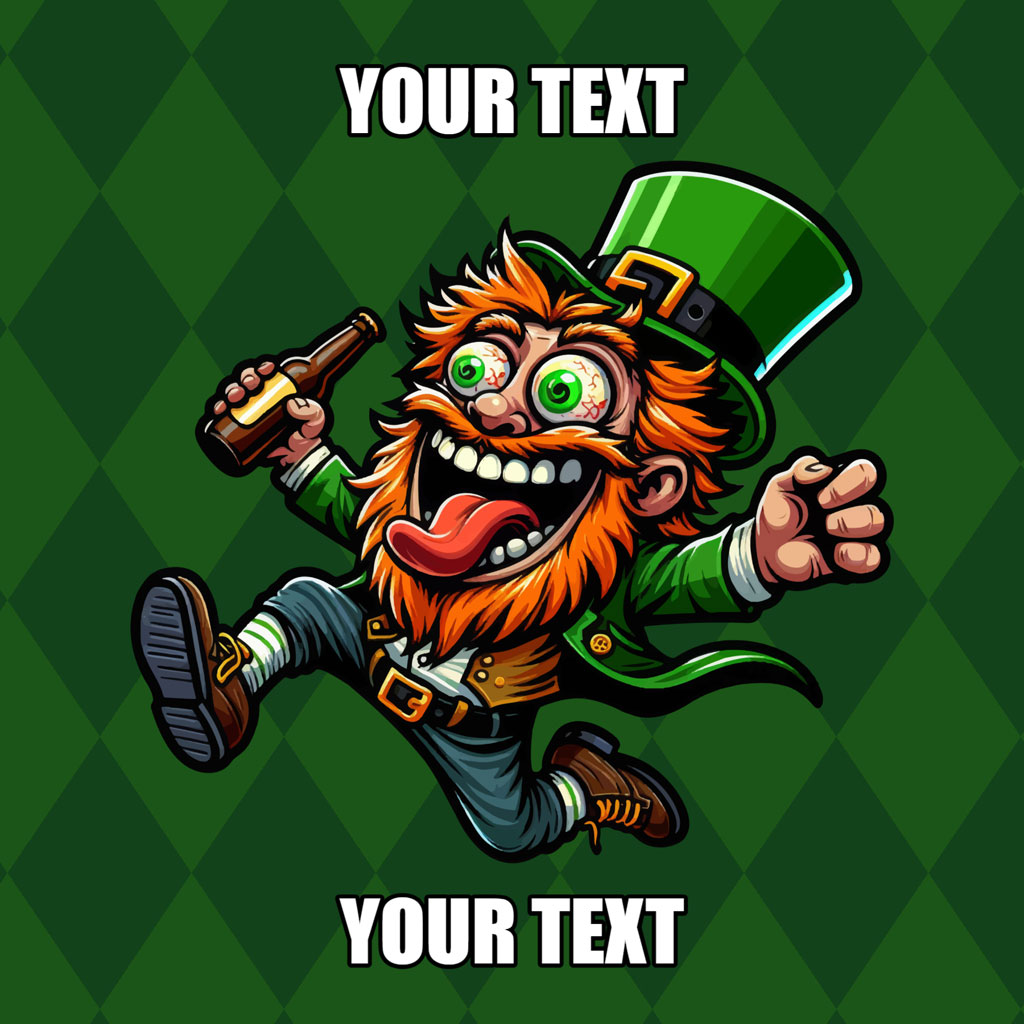 Cartoon leprechaun with green hat and orange beard running with beer