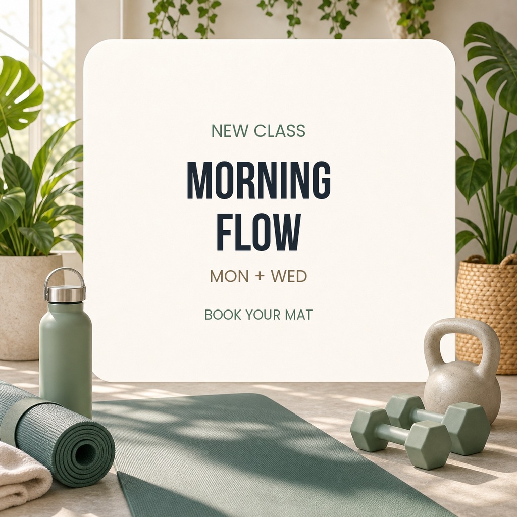 Minimal fitness class poster with yoga mat, water bottle, towel, dumbbells, and kettlebell in a bright studio.