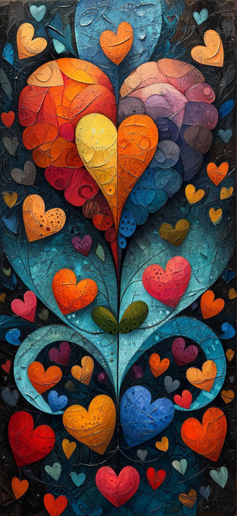 A vibrant abstract artwork with hearts and leaves