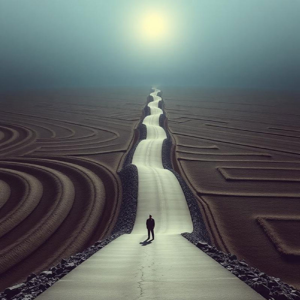 A man standing at the start of a long, winding pathway that disappears into the fog, surrounded by a patterned terrain.