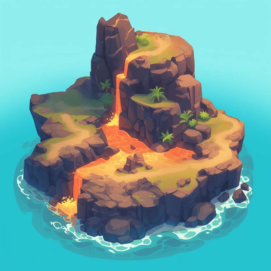 A cartoon-style island with volcanic activity and lava flowing into the surrounding blue water.