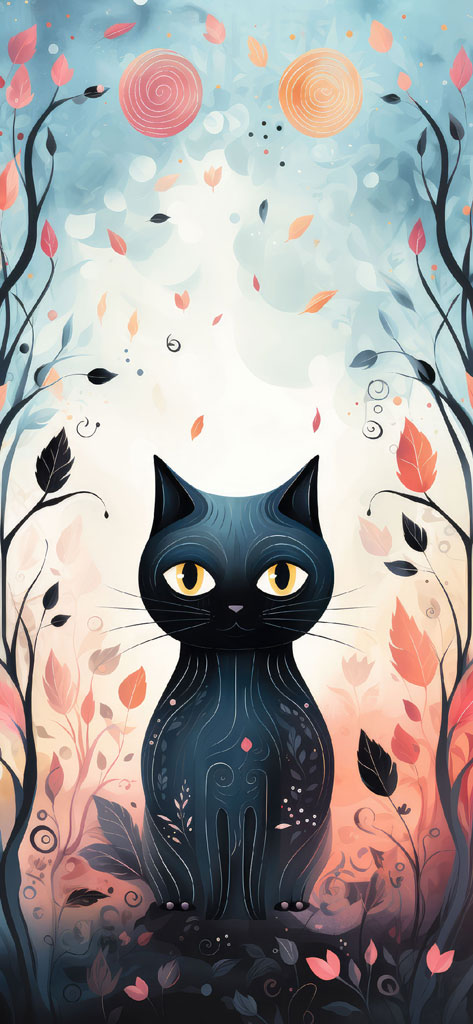 A black cat with yellow eyes sits amidst falling leaves and twigs in a whimsical digital artwork.