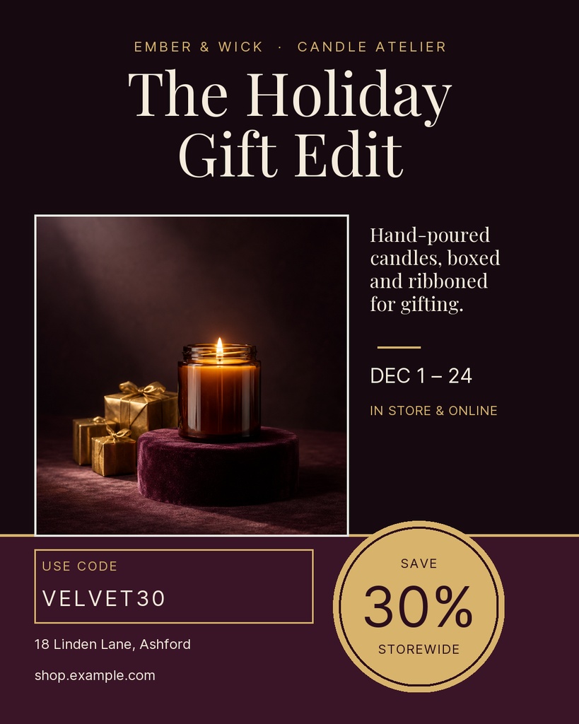 Portrait holiday sale poster for a candle shop with a candle, gift boxes, and a 30 percent off badge.