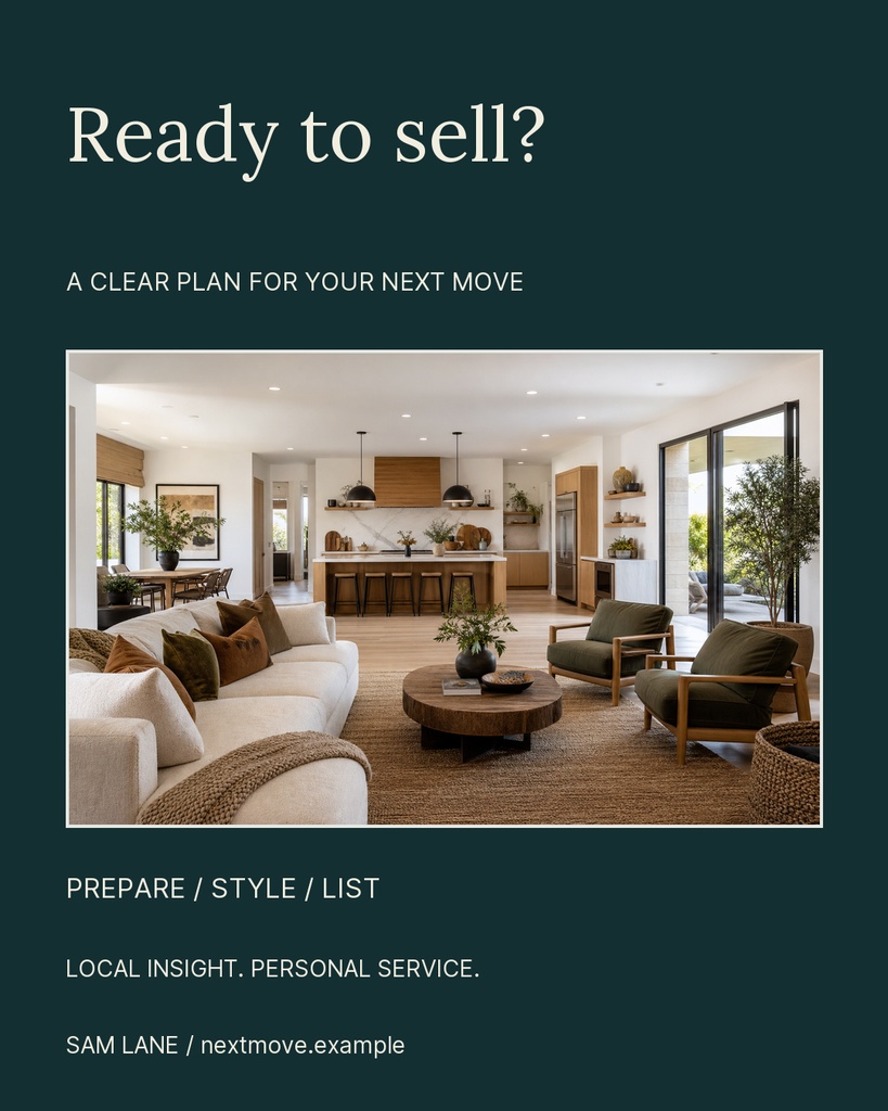 Portrait real estate post with a dark green background, house interior photo, and selling-home text.