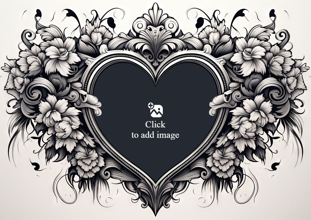 An ornate heart-shaped frame with floral decorations