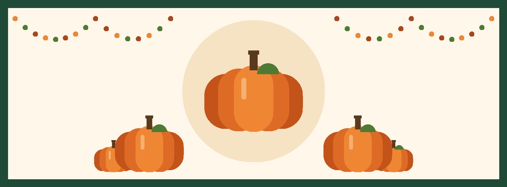 Pumpkin illustrations on a light background with hanging autumn bunting across the top.