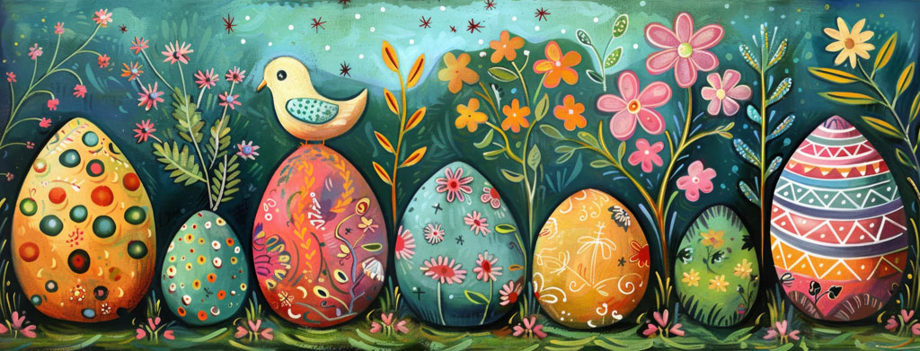 Colorful Easter eggs surrounded by flowers and birds