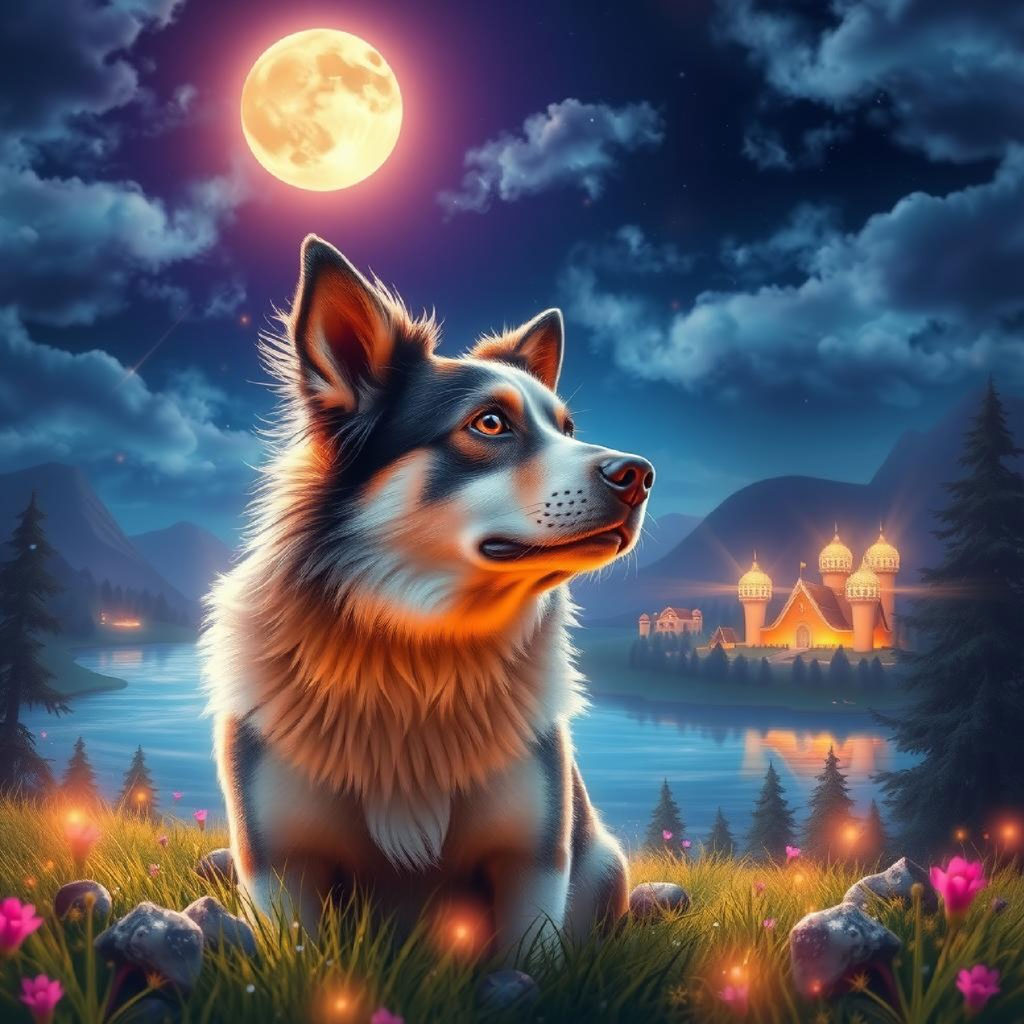 A full moon shines over a mountain range with a wolf and polar bear in the foreground.