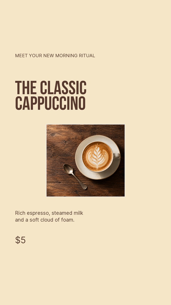 Portrait Instagram story template with a cappuccino photo, headline, short description, and price.