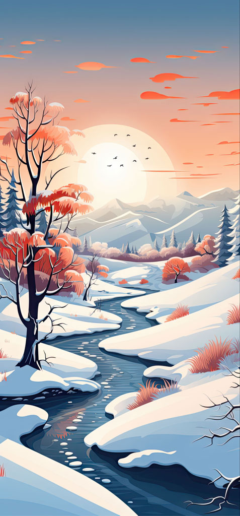 Illustration of a peaceful winter landscape with a river and snow-covered mountains