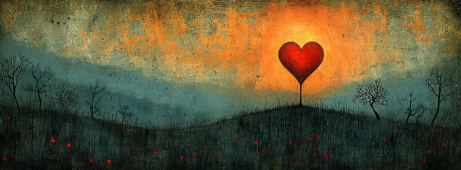 A red heart-shaped balloon tied to a hill in a field with sparse trees and red flowers against an orange and blue sky.