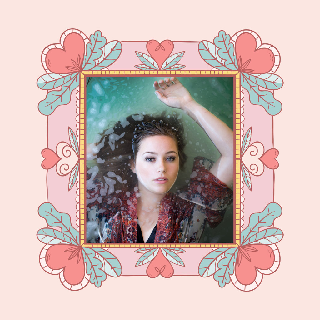 Woman in red dress underwater with floral frame