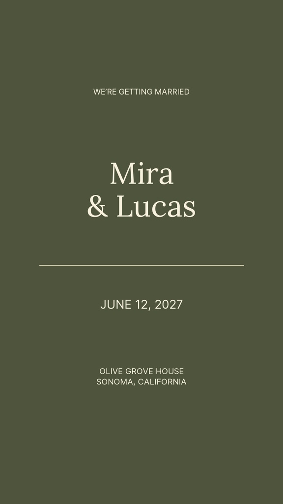 Olive green wedding story opener with the names Mira and Lucas, date, and venue details.