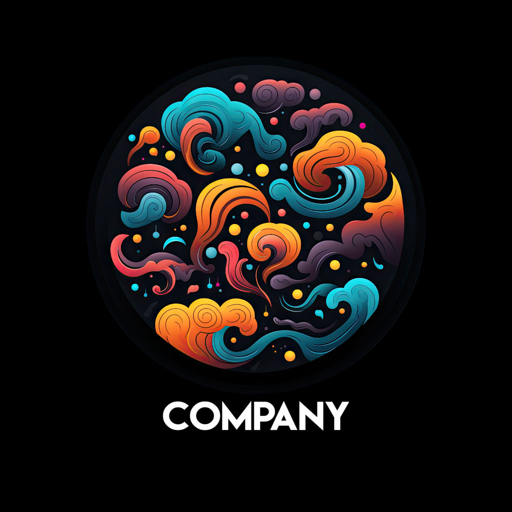 Colorful company logo with swirling clouds and dots