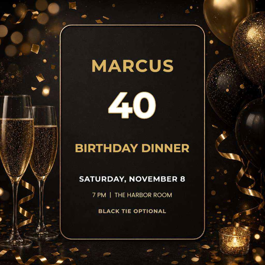 Black and gold 40th birthday dinner invitation with champagne glasses and balloons