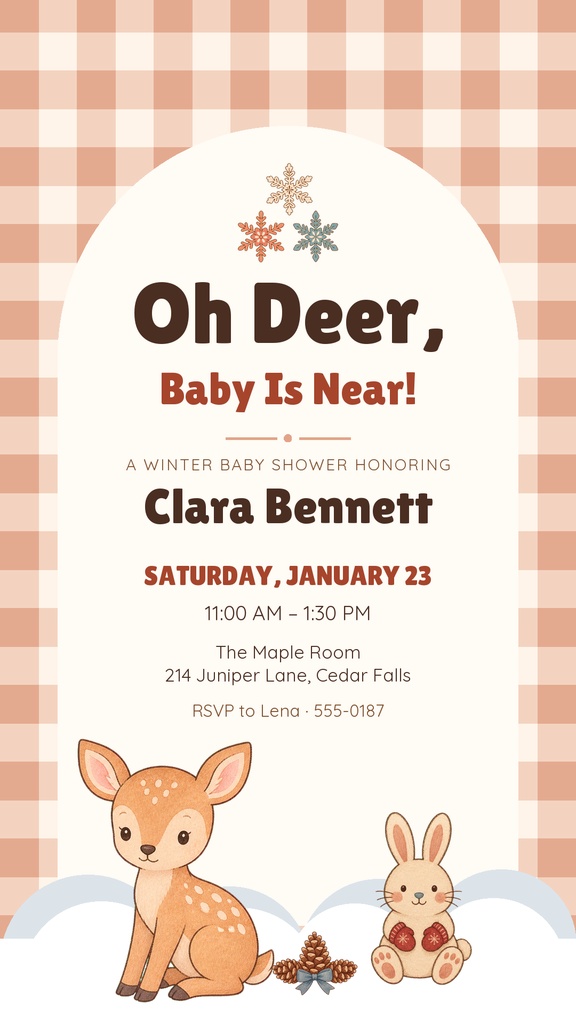 Woodland baby shower story template with a deer, bunny, and winter checkered background.