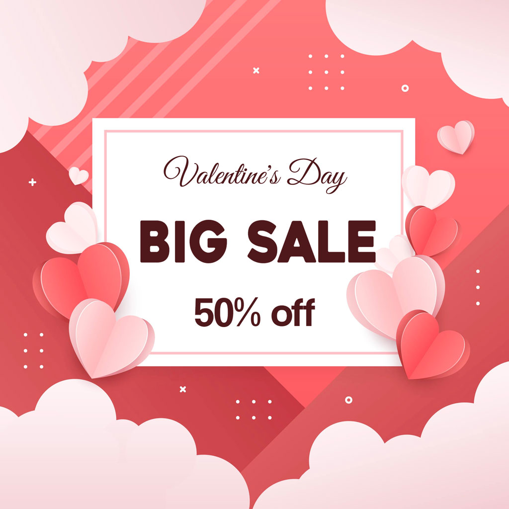 Valentine's Day Big Sale advertisement with 50% off