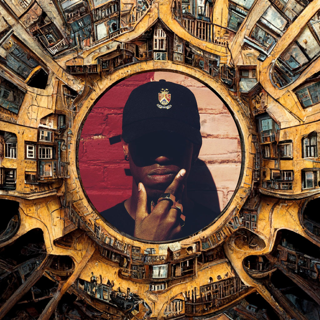 Man in black cap in a surreal architectural setting