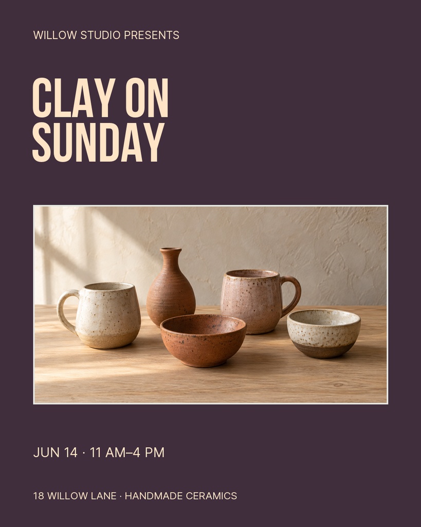 Portrait poster with clay on Sunday title and photo of handmade ceramic vessels on a table.
