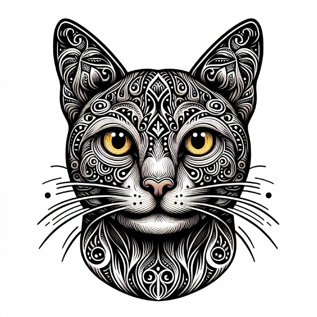 Illustration of a white cat with orange and red decorative elements, sitting upright.