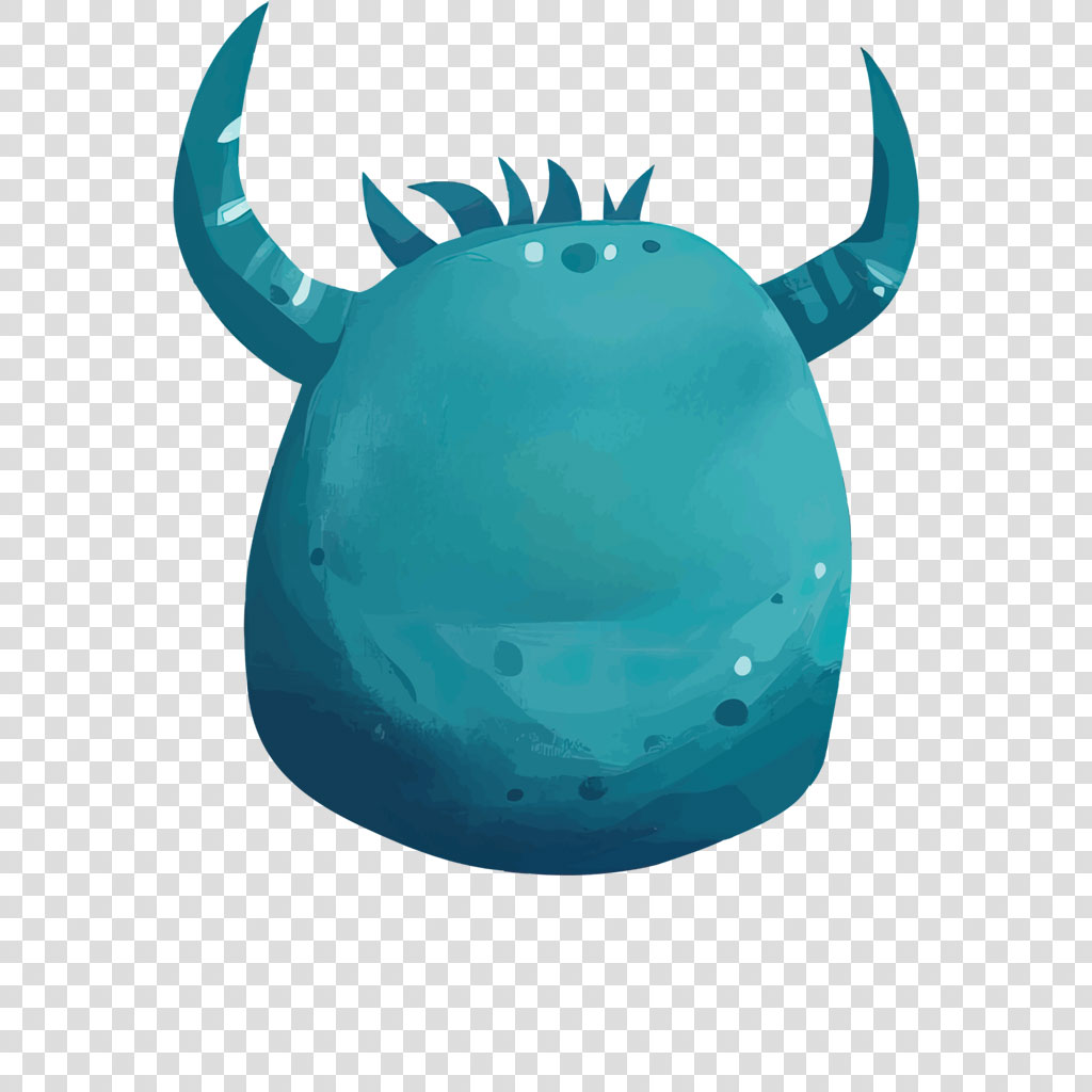 Teal monster with horns and a smiling face