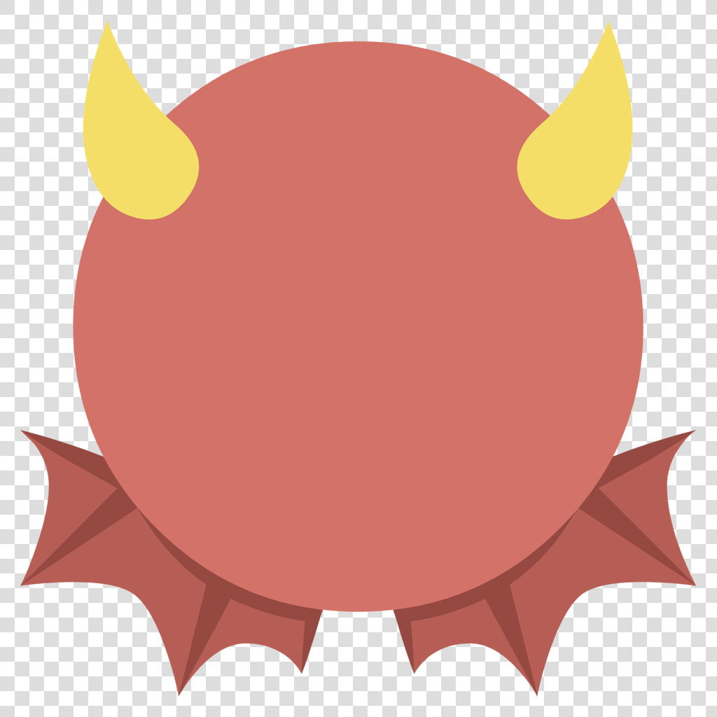 A cartoon devil with yellow horns and red wings on a white background.