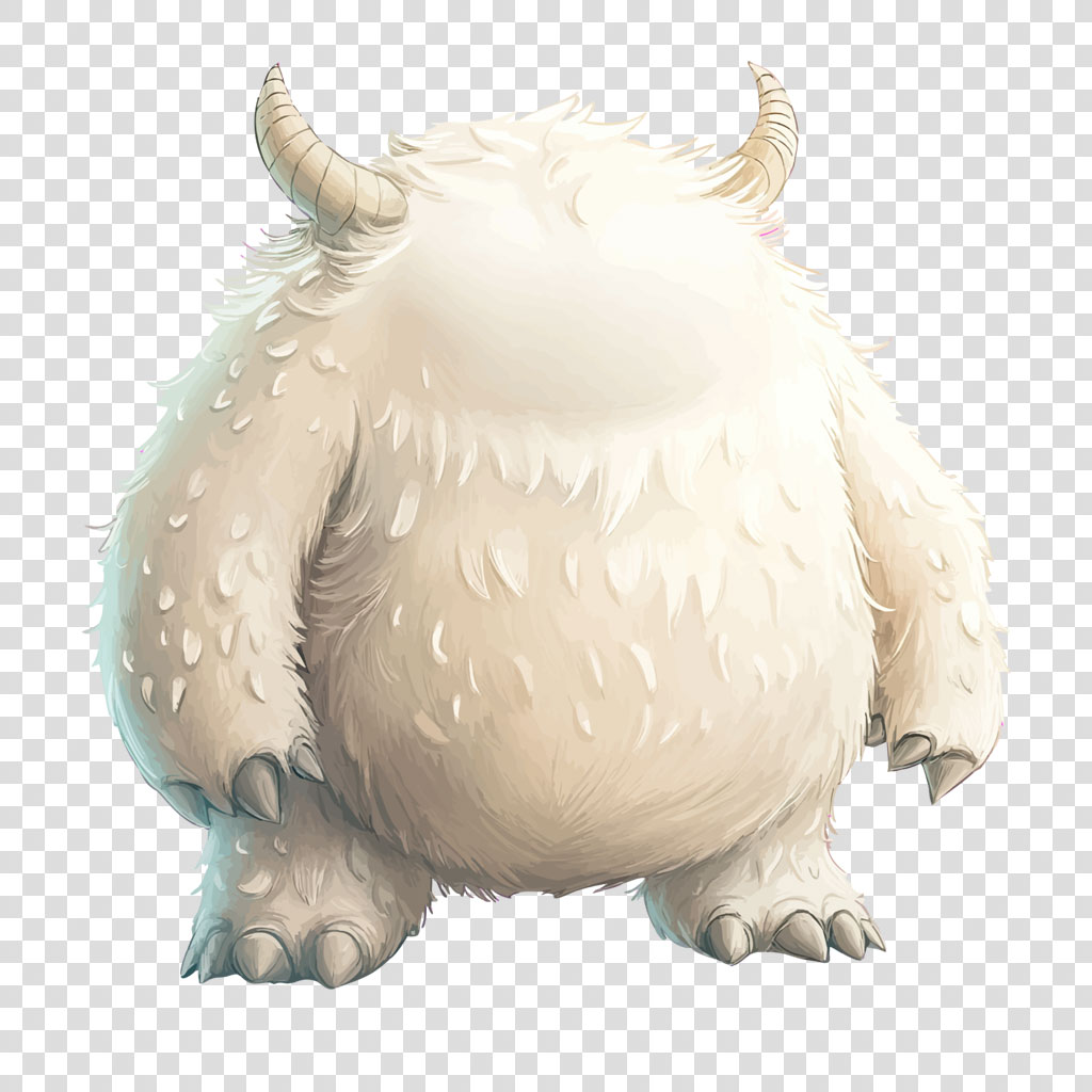 Illustration of a white, furry creature with two horns and sharp claws