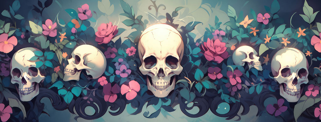 Skulls amidst flowers and leaves