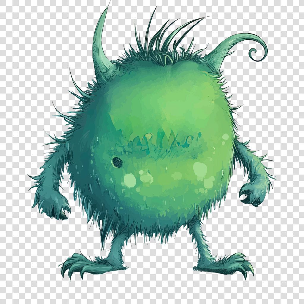 Illustration of a green monster with furry texture and sharp features