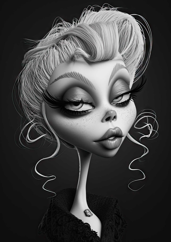 Digital artwork of a woman with an elongated neck and curly hair