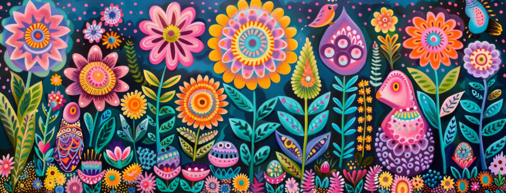 A vibrant garden scene with various flowers and a stylized bird