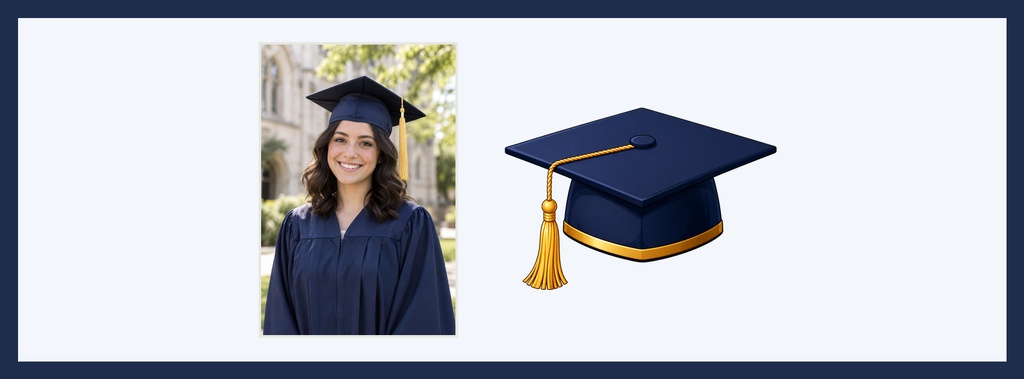 Facebook cover with a smiling graduate photo and a navy graduation cap on a light background