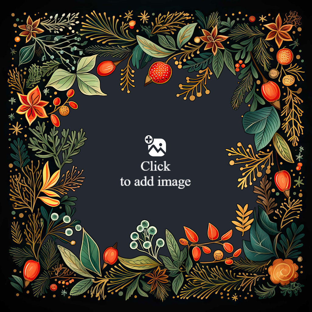 A family of four smiling together, surrounded by a vibrant floral border with leaves, flowers, and berries.