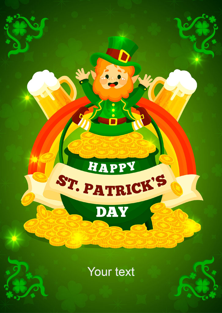 Cartoon leprechaun with a pot of gold and beer mugs